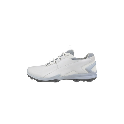 The ECCO Biom Tour Mens Golf Shoes by Ecco are white athletic shoes with gray accents, modern design, laces, and a textured sole for sports or casual wear, shown on a plain white background.