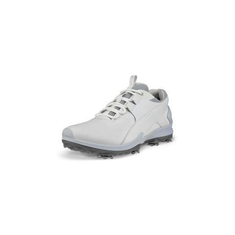 The ECCO Biom Tour Mens Golf Shoes by Ecco, displayed at an angle on a white background, feature a white design and gray spiked sole—ideal waterproof golf shoes for outdoor sports.