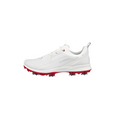 The Ecco Biom Tour Womens Golf Shoes are shown in white with a red sole and silver spikes, displayed in side profile on a plain white background, highlighting their stylish design and waterproof features.