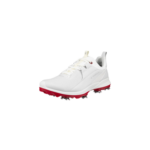 The ECCO Biom Tour Womens Golf Shoes by Ecco are white with red accents and black cleats, designed for sports or outdoor activities. Waterproof and stylish, they deliver top performance on the golf course against a plain white background.