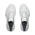Top view of ECCO Mens Biom H5 Golf Shoes 2025 by Ecco: white athletic sneakers with white laces, gray insoles with black graphics, blue pull tabs, and all-weather grip, shown on a plain white background.