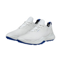 The ECCO Mens Biom H5 Golf Shoes 2025 by Ecco are white athletic sneakers with textured midsoles and blue accents on the heel and outsoles, inspired by Scandinavian design, shown on a plain white background.