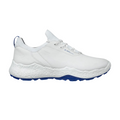 The ECCO Mens Biom H5 Golf Shoes 2025 by Ecco feature white Scandinavian-inspired design, a textured all-weather sole, subtle stitching, white laces, blue heel pull tab and outsole accents—shown on a plain white background.