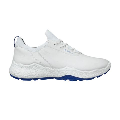 The ECCO Mens Biom H5 Golf Shoes 2025 by Ecco feature white Scandinavian-inspired design, a textured all-weather sole, subtle stitching, white laces, blue heel pull tab and outsole accents—shown on a plain white background.