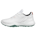 The ECCO Womens Biom H5 Golf Shoes 2025 by Ecco is a white athletic sneaker with a textured, thick white sole, light green outsole, orange heel detail, all-weather protection, low-cut design, and classic white laces.