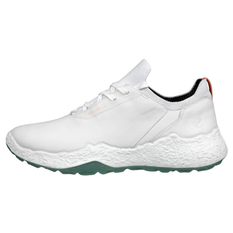 The ECCO Womens Biom H5 Golf Shoes 2025 by Ecco is a white athletic sneaker with a textured, thick white sole, light green outsole, orange heel detail, all-weather protection, low-cut design, and classic white laces.