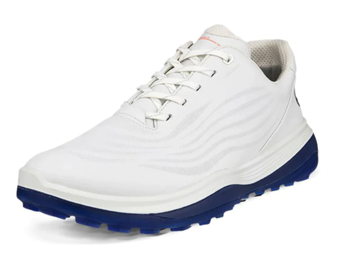 The Ecco Mens LT1 Golf Shoes in White/Blue feature subtle wavy side patterns, white laces, a thick white midsole, and a dark blue hybrid traction sole for extra grip—an ideal lightweight golf shoe from Ecco for modern players.
