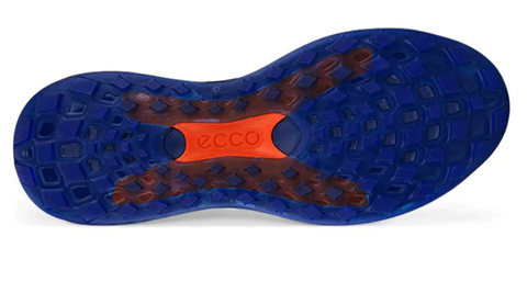 The image displays the sole of the Ecco Mens LT1 Golf Shoe in White/Blue, featuring a textured blue hybrid traction tread with an orange ECCO logo at the center and raised shapes for enhanced grip.