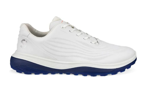 The Ecco Mens LT1 Golf Shoes in White/Blue feature a textured pattern, white laces, and a thick dark blue hybrid traction sole—showcasing Eccos signature style in a sleek side profile.