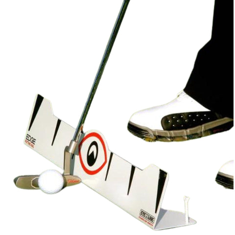 The Eyeline Edge 70° Putting Rail by Eyeline features alignment lines to guide your stroke, making it a highly effective golf putting aid for improving accuracy. A putter strikes the ball on the rail, with a golfer’s shoe beside the tool.
