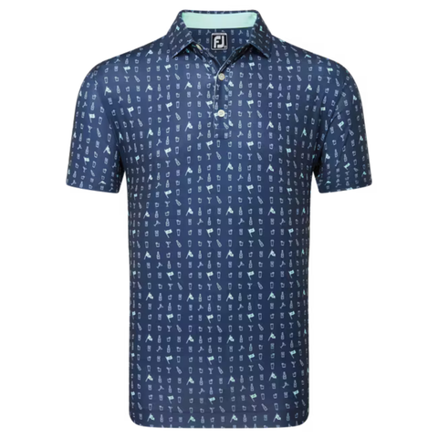 FootJoy 19th Hole Polo in navy blue featuring a playful all-over print of small golf icons. This short-sleeve polo comes with a button-up collar, ideal for casual or golf settings, offering a stylish yet relaxed look.