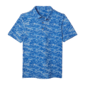 FootJoy Boys' Cloud Camo Polo in blue with cloud camouflage pattern, short sleeves, and three-button placket. Made from performance fabric for comfort and mobility.