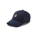 FootJoy fashion cap in navy blue with red logo on the front, displayed at a front-side angle. The cap features a classic six-panel design, curved brim, and tonal stitching for a sleek, versatile look.