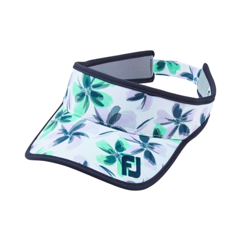 FootJoy floral visor in navy, mint and white, featuring a vibrant floral pattern with navy trim along the edges. Designed for sun protection and style, it has an adjustable back strap for a secure fit. Ideal for outdoor activities and golf.