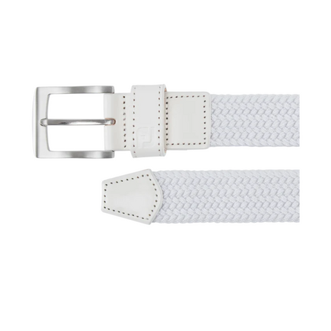 FootJoy braided belt in white, featuring a woven design with leather accents at the buckle and tip. Equipped with a durable silver buckle for a secure fit.