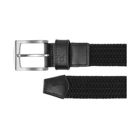 FootJoy braided belt in black, featuring a woven design with leather accents at the buckle and tip. Equipped with a durable silver buckle for a secure fit.