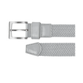 FootJoy braided belt in grey, featuring a woven design with leather accents at the buckle and tip. Equipped with a durable silver buckle for a secure fit.