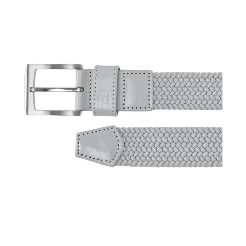 FootJoy braided belt in grey, featuring a woven design with leather accents at the buckle and tip. Equipped with a durable silver buckle for a secure fit.