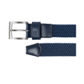 FootJoy braided belt in navy, featuring a woven design with leather accents at the buckle and tip. Equipped with a durable silver buckle for a secure fit.