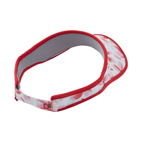 FootJoy floral visor in red and pink, shown from a back angle. Features an adjustable strap, vibrant floral print, and contrasting red trim for a stylish, comfortable fit.