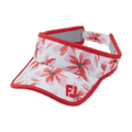 FootJoy floral visor in red and pink, featuring a vibrant floral pattern with red trim along the edges. Designed for sun protection and style, it has an adjustable back strap for a secure fit. Ideal for outdoor activities and golf.