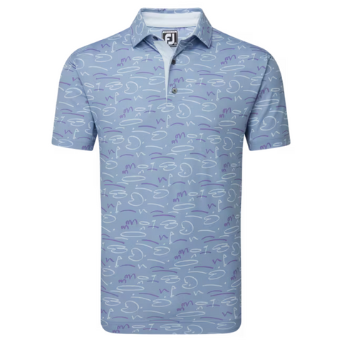 FootJoy Golf Doodle Polo in a storm blue color with a white and purple abstract doodle pattern, featuring a button-down collar and FootJoy logo on the inside.