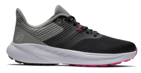 The FootJoy 2023 Women's Flex Golf Shoes in black feature a gray upper, white sole, and pink accents—perfect for those seeking stylish and comfortable women's golf footwear.