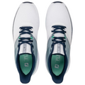 A top view of FootJoy 2025 Flex Men's Golf Shoes in Marine/White/Green, featuring dark blue laces, light blue accents, and green insoles with the FJ logo, shown side by side on a white background.