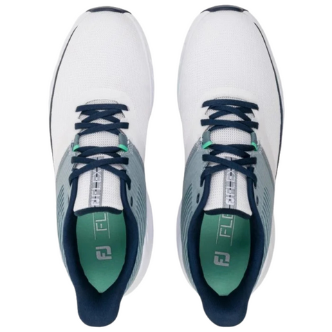 A top view of FootJoy 2025 Flex Men's Golf Shoes in Marine/White/Green, featuring dark blue laces, light blue accents, and green insoles with the FJ logo, shown side by side on a white background.