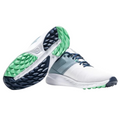 A pair of FootJoy 2025 Flex Men's Golf Shoes in Marine/White/Green, featuring breathable uppers with light blue accents and green/navy textured soles. One shoe displays the sole; the other stands upright to show its design.