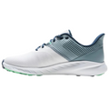 The FootJoy 2025 Flex Men's Golf Shoes in Marine/White/Green feature a mesh upper for breathability, textured heel, and a white sole with light green grips—ideal men's golf shoes from FootJoy shown in side profile.