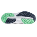 The image displays the sole of the FootJoy 2025 Flex Men's Golf Shoes (Marine/White/Green) featuring a diamond-patterned tread with black and green rubber accents for traction. These breathable shoes are by FootJoy.