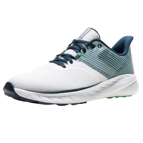 The FootJoy 2025 Flex Men's Golf Shoes in Marine/White/Green feature blue and green accents, dark blue laces, and a cushioned white sole—combining comfort and style, shown in a side view against a white background.