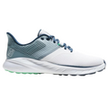 The FootJoy 2025 Flex Men's Golf Shoes in Marine/White/Green feature a breathable mesh upper, blue laces, and green grip sections on the outsole for traction. Stylish details include a textured sole and a heel logo.