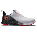 The FootJoy 2025 Men's Fuel Golf Shoe features a white design with black and red accents, an orange FJ logo on the side, black heel and tongue, and a red textured spikeless outsole for grip.