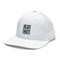 The FootJoy 2025 Play Fast Trucker Hat in white features a mesh back, curved brim, and bold black "PLAY FAST" embroidery inside a square on the front.