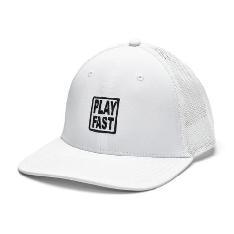 The FootJoy 2025 Play Fast Trucker Hat in white features a mesh back, curved brim, and bold black "PLAY FAST" embroidery inside a square on the front.