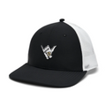 The FootJoy 2025 Shaka Glove Trucker Hat in black and white features a curved brim, breathable mesh, and an embroidered shaka hand on the front—perfect for sunny days on the golf course.