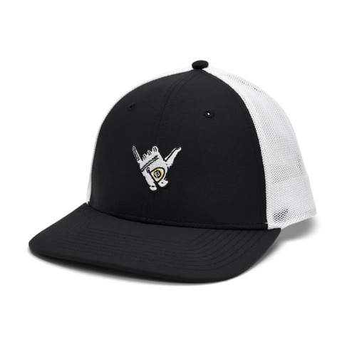 The FootJoy 2025 Shaka Glove Trucker Hat in black and white features a curved brim, breathable mesh, and an embroidered shaka hand on the front—perfect for sunny days on the golf course.