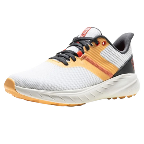 The FootJoy 2025 Women's Flex Golf Shoes in White/Gold/Shadow feature a mesh upper, textured sole, and lace-up design—offering the lightweight comfort and versatile style ideal for active days on or off the course.