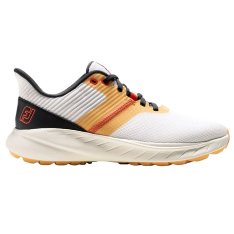 The FootJoy 2025 Women's Flex Golf Shoes in White/Gold/Shadow feature a mesh-like upper for breathable comfort, black laces, and a textured gold-accented sole—perfect for lightweight performance on the course.