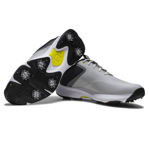 FootJoy 2026 Qualifier Wide Men's Spiked Golf Shoes Harbor Mist Steel Grey Black - outsole view
