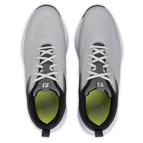 FootJoy 2026 Qualifier Wide Men's Spiked Golf Shoes Harbor Mist Steel Grey Black - upper detail
