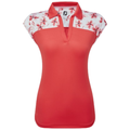 The FootJoy Block Floral Trim Cap Sleeve Womens Shirt features a red design with a white yoke, floral patterns, cap sleeves, and a V-neck. Moisture-wicking fabric ensures comfort; the FJ logo is on the inside collar.