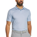 A man wearing a light blue patterned short-sleeve polo shirt and gray dress pants, cropped from the lower face to the waist, against a plain white background.