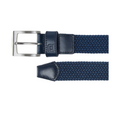 Elevate your look with the FootJoy Braided Belt | Navy—a stylish woven golf belt by FootJoy, featuring a silver rectangular buckle and dark blue leather accents. Perfect for any course.