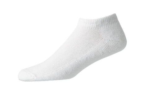The FootJoy Women's ComfortSof Sport Sock in white, a single no-show sport sock by FootJoy, is displayed isolated on a plain white background.