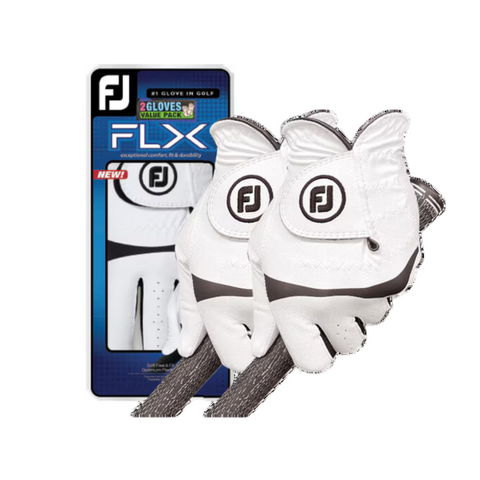 Two white FootJoy FLX Mens Golf Gloves, shown with a golf club and their blue and black FootJoy FLX Mens Golf Glove 2 Pack packaging, emphasize the brand’s superior grip.