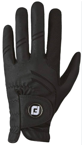 The FootJoy Mens FLX Golf Glove is black with subtle stitching, breathable perforations, and a Velcro wrist strap featuring FootJoys circular F logo.