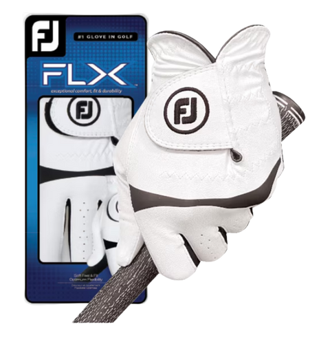 A FootJoy FLX Men's Golf Glove in white grips a club, with its blue and black FootJoy-branded packaging featuring product details visible in the background.